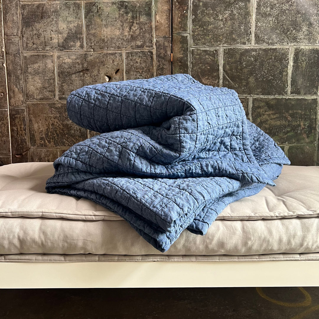 Indigo Quilted Linen Coverlet