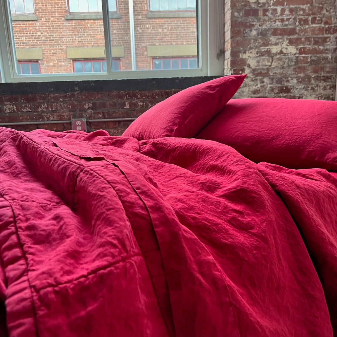 Red 100% linen duvet coverlet