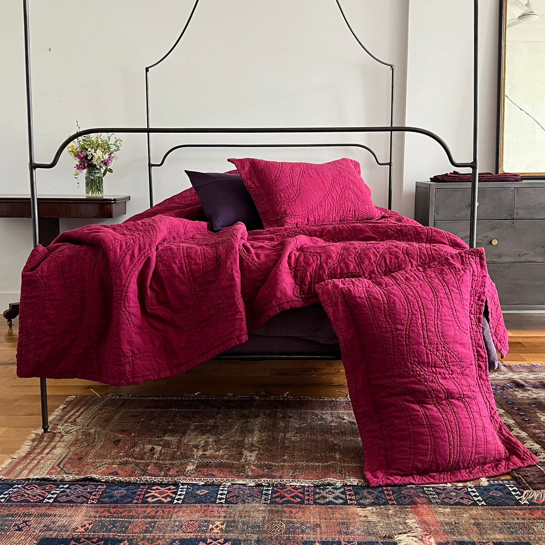 Sale Burgundy Quilted Linen Coverlet + Shams Limited Edition