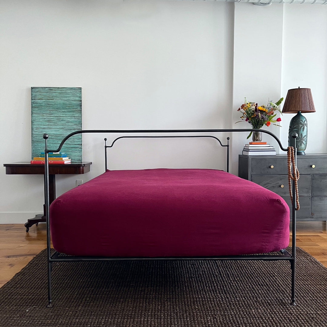 Burgundy 100% linen fitted sheet