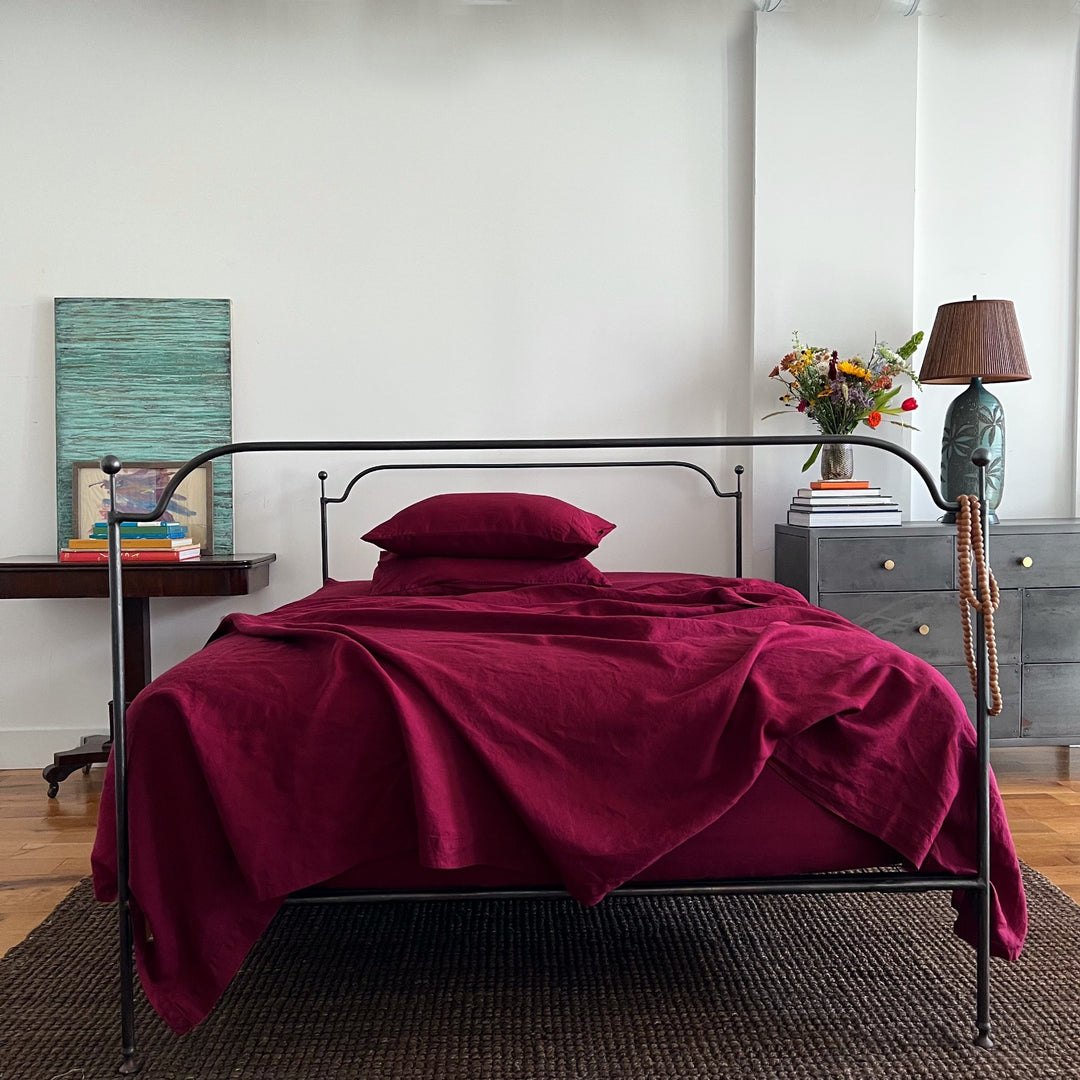 Burgundy 100% linen sheet set