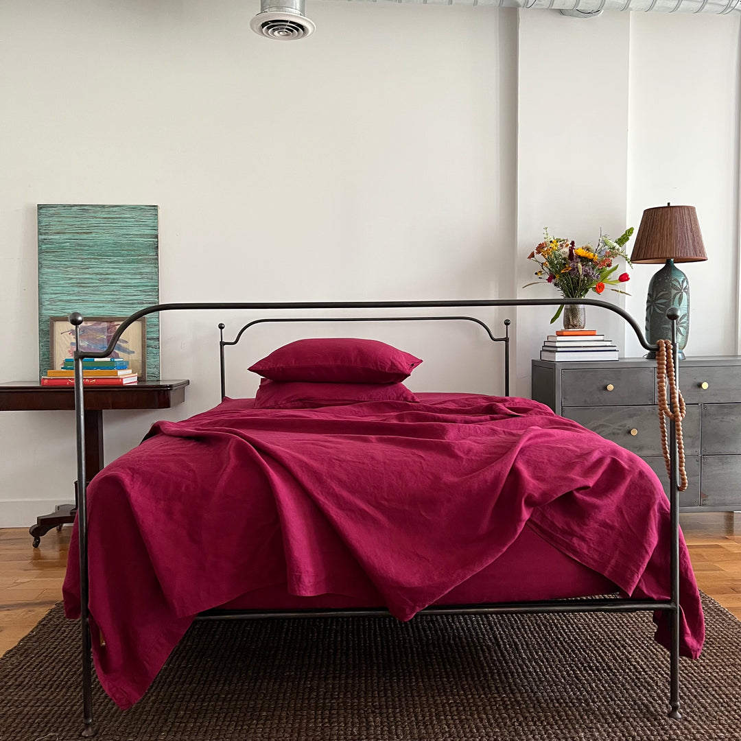 Burgundy 100% linen sheet set