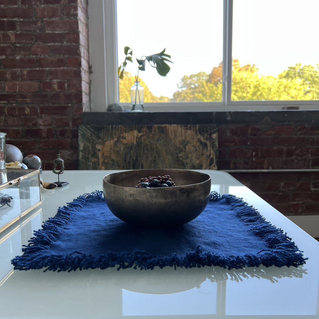 Navy Fringed Linen Towel