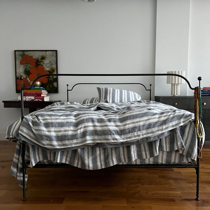 Navy stripe 100% linen duvet cover
