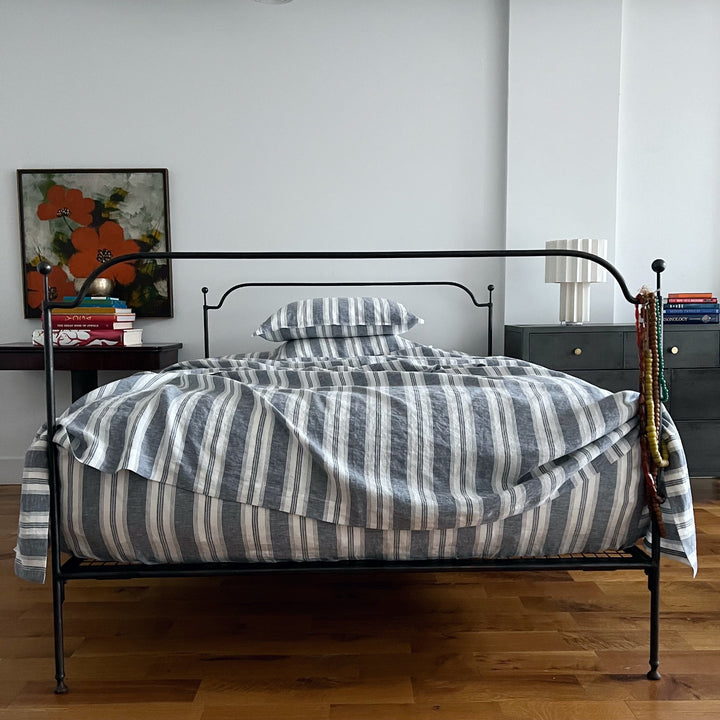 Navy Stripe Linen Sheet Set