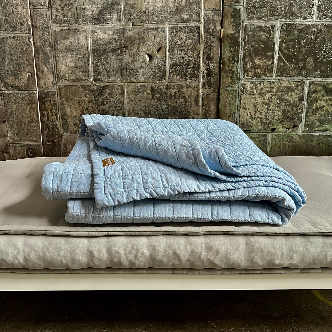 Pale Blue Quilted Linen Coverlet