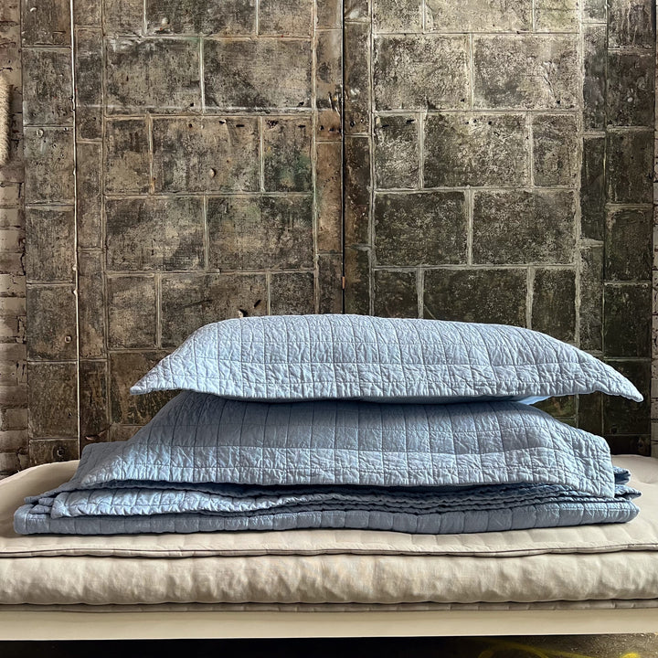 Pale Blue Quilted Linen Coverlet
