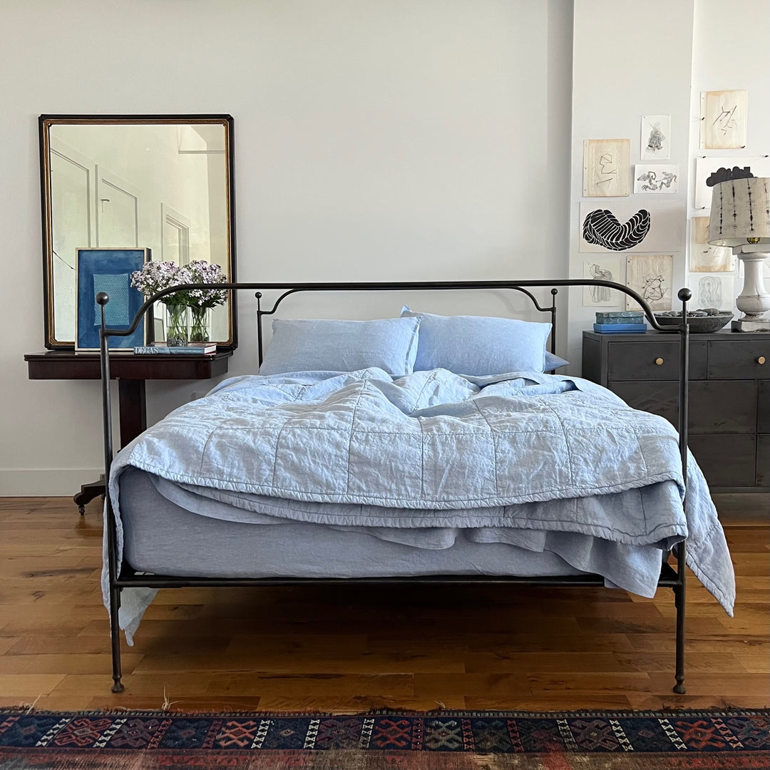Pale Blue Quilted Linen Coverlet